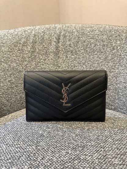 Yves Saint Laurent Small Cassandre WOC in Black Chevron Quilted Leather (SHW)