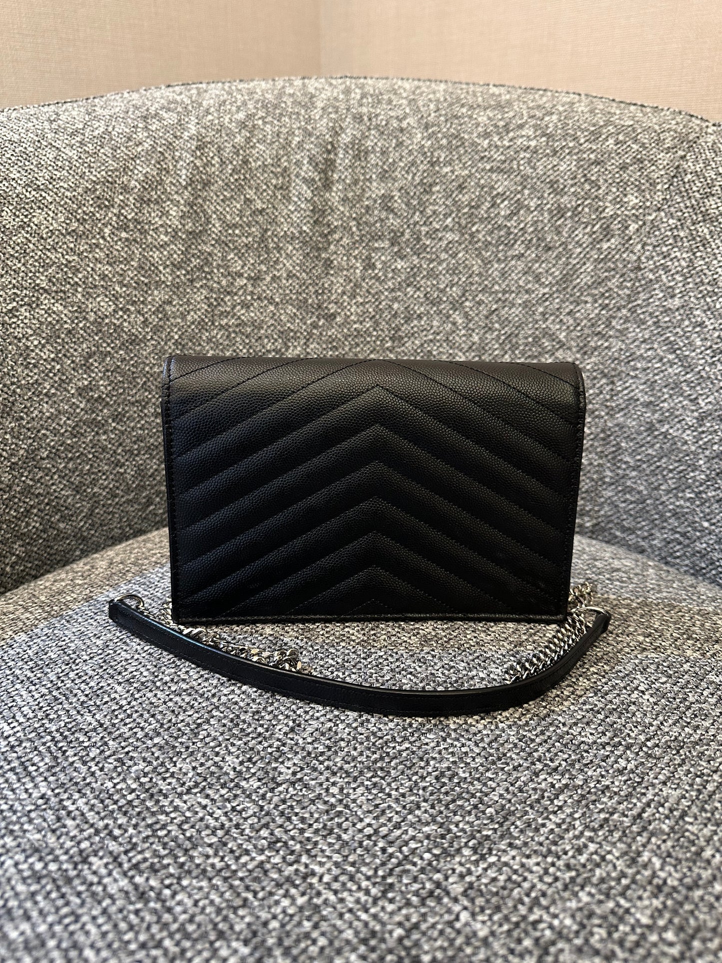 Yves Saint Laurent Small Cassandre WOC in Black Chevron Quilted Leather (SHW)