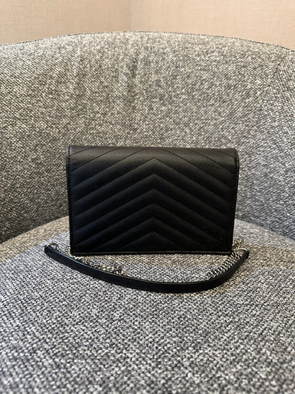 Yves Saint Laurent Small Cassandre WOC in Black Chevron Quilted Leather (SHW)