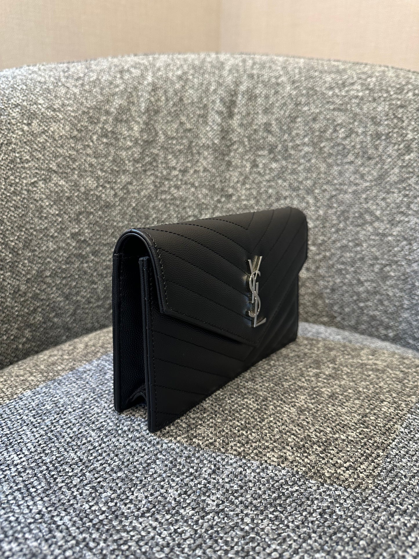 Yves Saint Laurent Small Cassandre WOC in Black Chevron Quilted Leather (SHW)