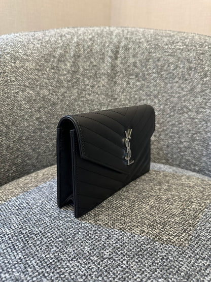 Yves Saint Laurent Small Cassandre WOC in Black Chevron Quilted Leather (SHW)