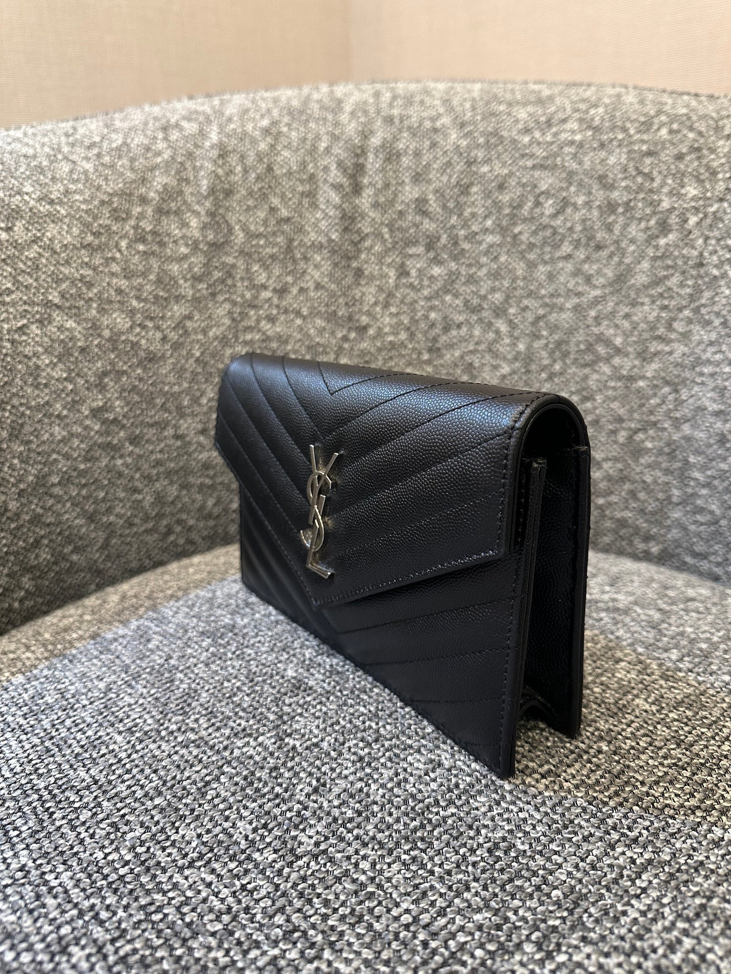 Yves Saint Laurent Small Cassandre WOC in Black Chevron Quilted Leather (SHW)