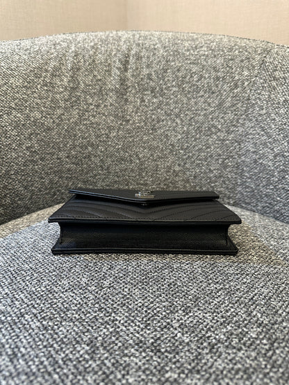 Yves Saint Laurent Small Cassandre WOC in Black Chevron Quilted Leather (SHW)