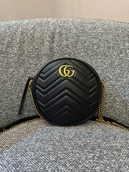 Gucci GG Marmont Round Shoulder Bag in Black Matelassé Leather