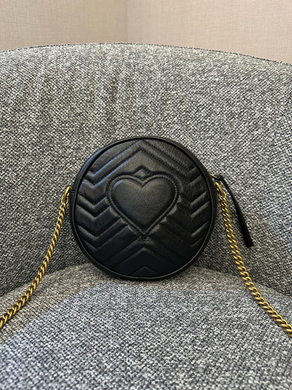 Gucci GG Marmont Round Shoulder Bag in Black Matelassé Leather