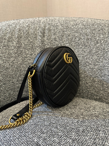 Gucci GG Marmont Round Shoulder Bag in Black Matelassé Leather