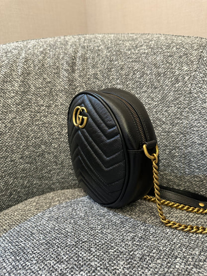 Gucci GG Marmont Round Shoulder Bag in Black Matelassé Leather