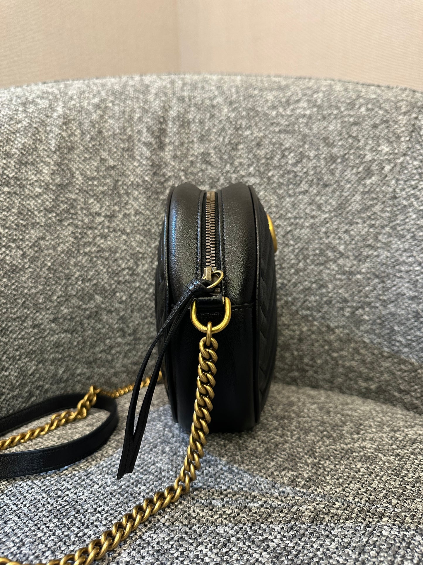 Gucci GG Marmont Round Shoulder Bag in Black Matelassé Leather