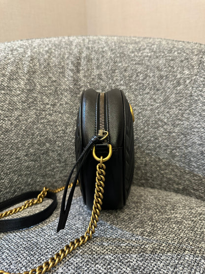 Gucci GG Marmont Round Shoulder Bag in Black Matelassé Leather