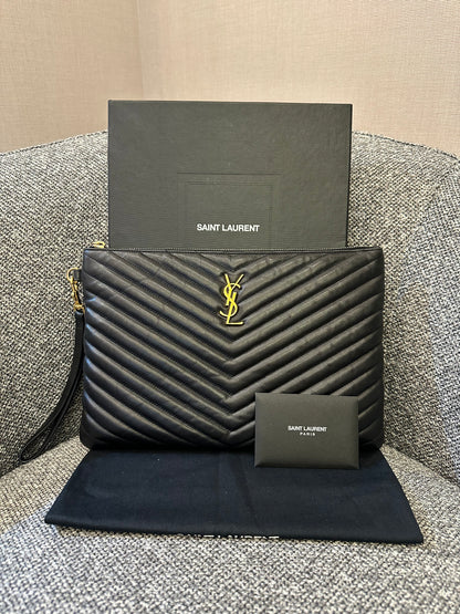 Yves Saint Laurent Cassandre Matelasse Large Clutch In Black Leather