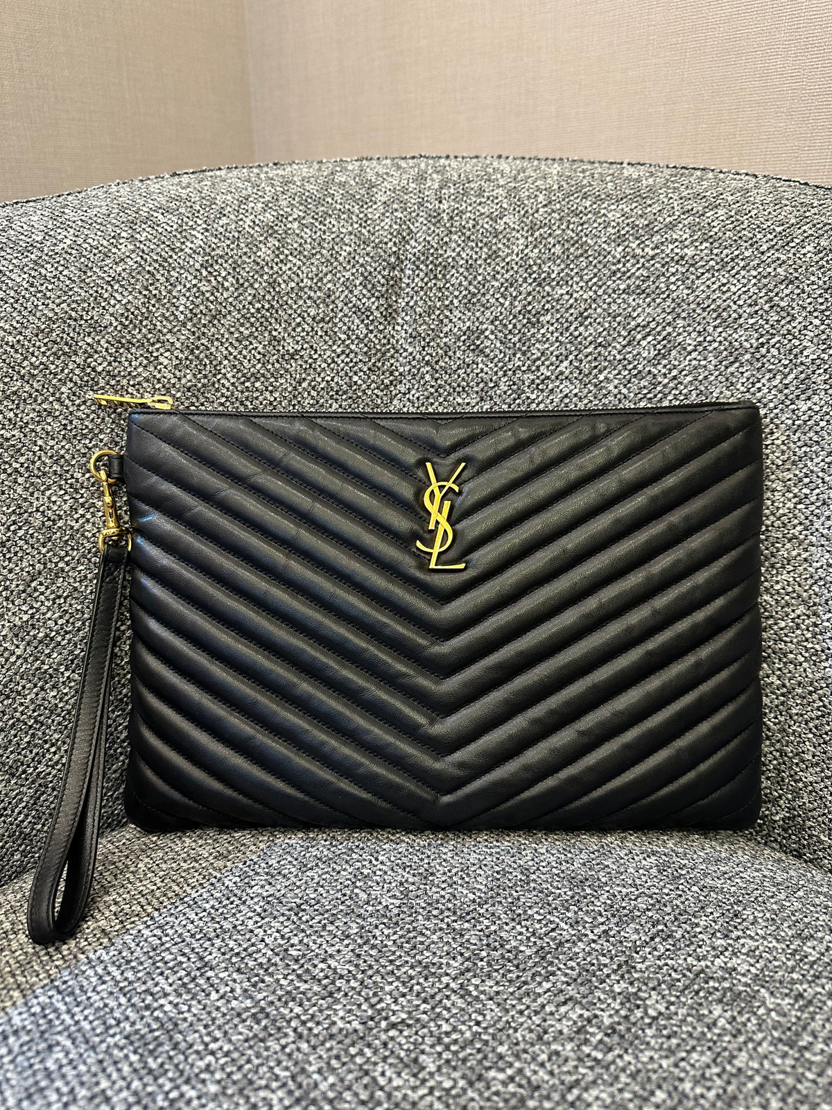 Yves Saint Laurent Cassandre Matelasse Large Clutch In Black Leather