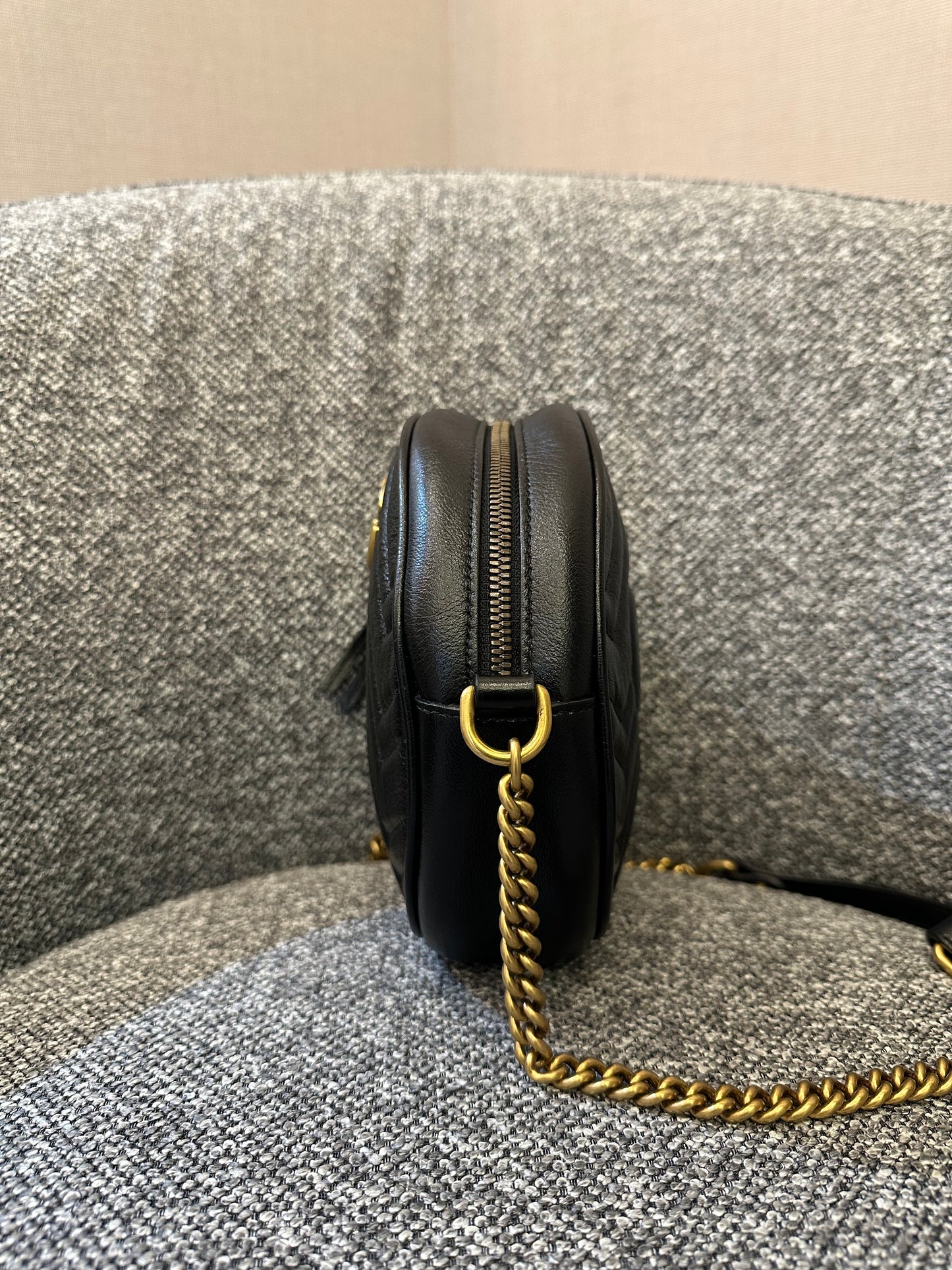 Gucci GG Marmont Round Shoulder Bag in Black Matelassé Leather
