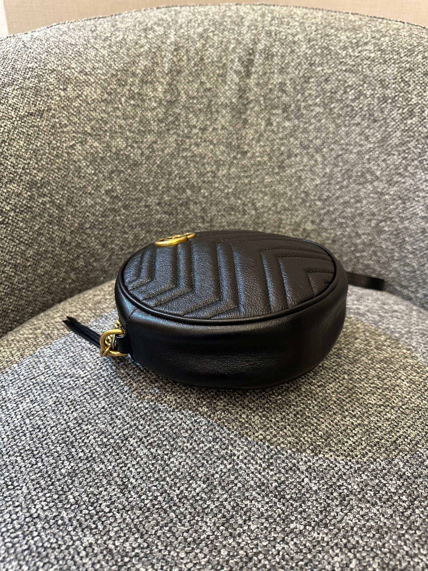 Gucci GG Marmont Round Shoulder Bag in Black Matelassé Leather