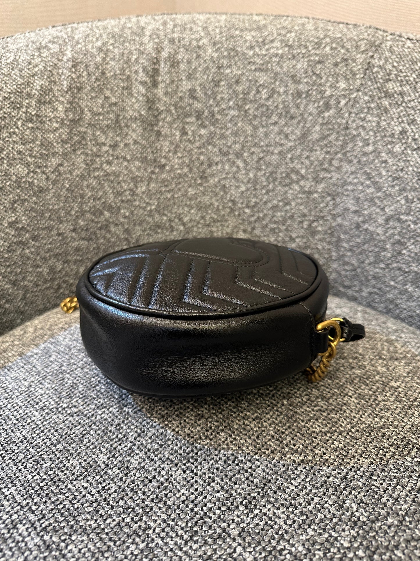 Gucci GG Marmont Round Shoulder Bag in Black Matelassé Leather