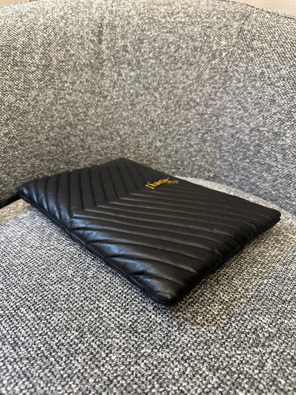 Yves Saint Laurent Cassandre Matelasse Large Clutch In Black Leather