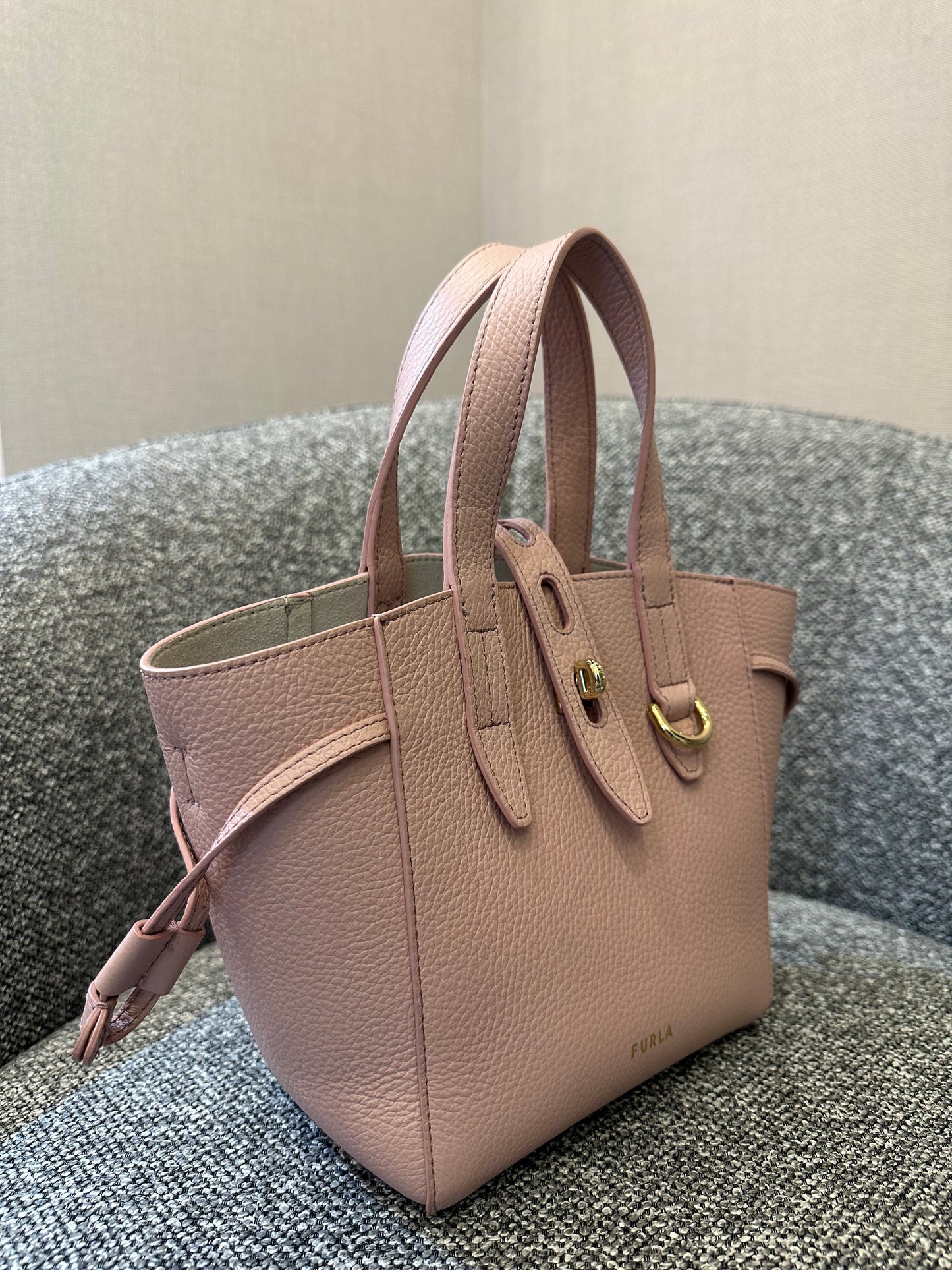 Furla Net Mini Tote Bag in Pink Grained Leather