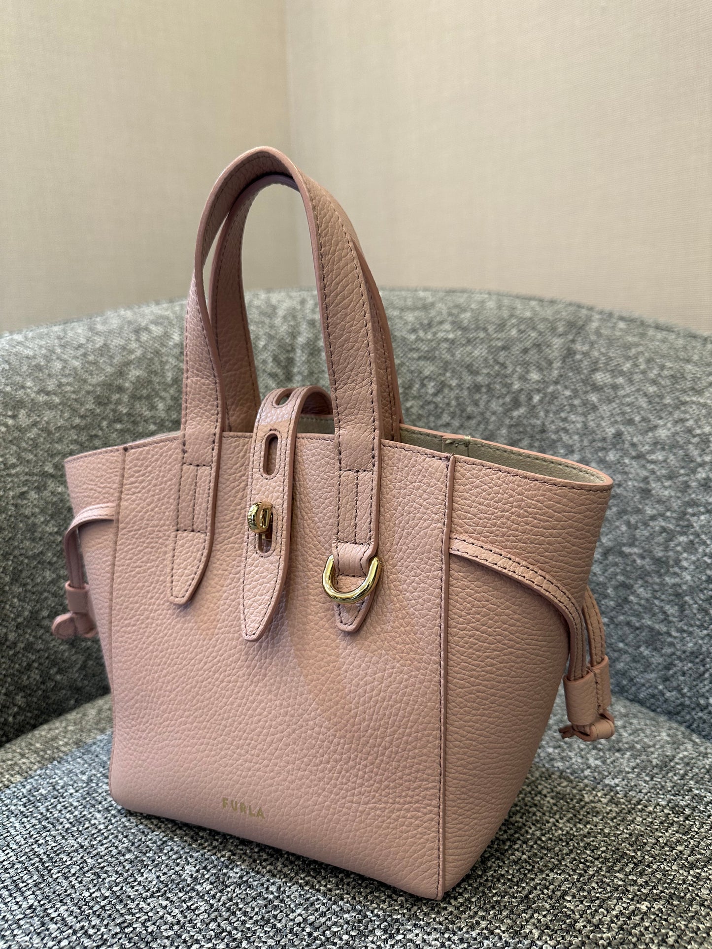 Furla Net Mini Tote Bag in Pink Grained Leather
