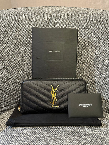 Yves Saint Laurent Cassandre Zip Around Wallet In Grain De Poudre Leather