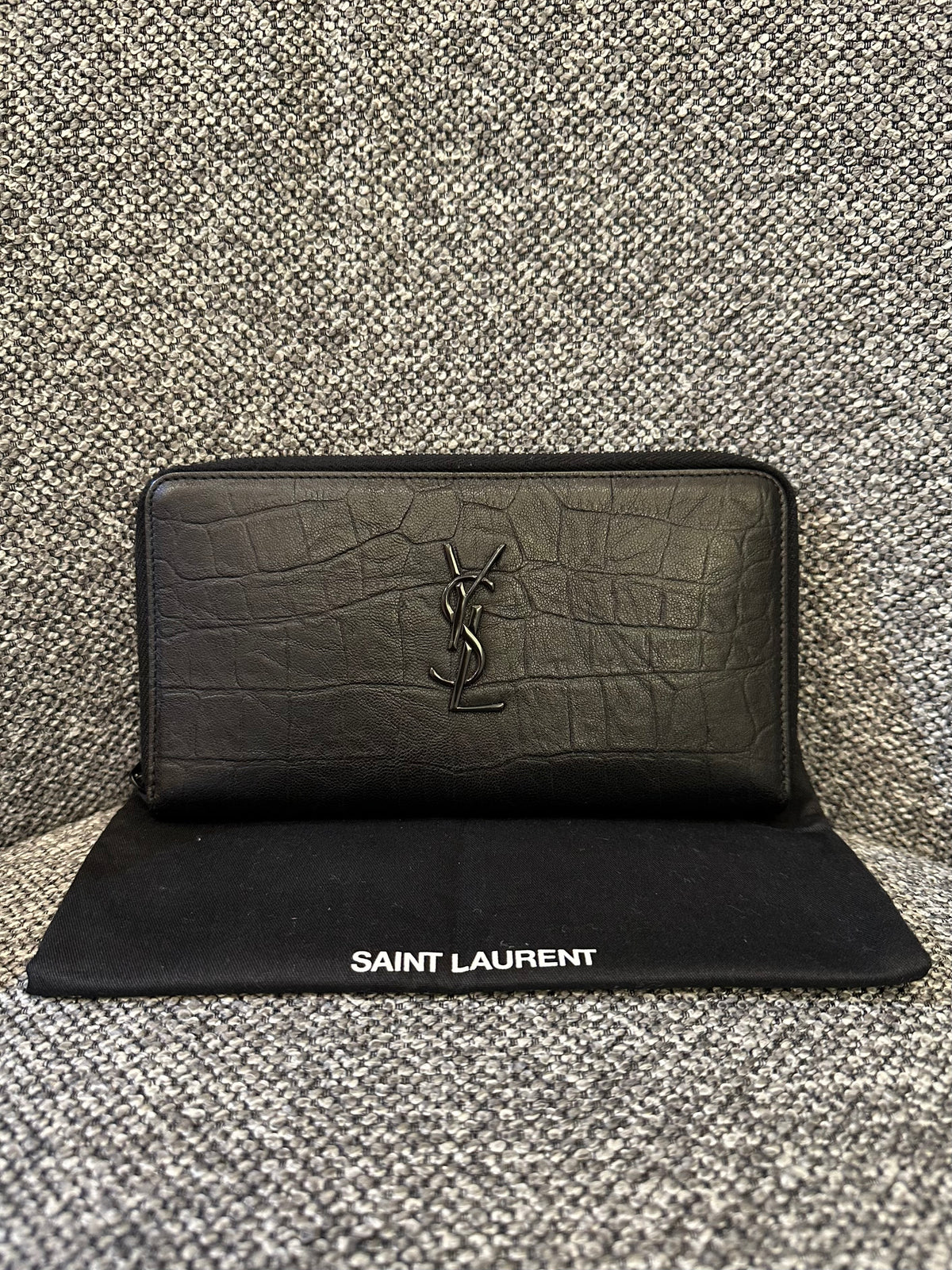 Yves Saint Laurent Crocodile Embossed Zip Around Long Wallet