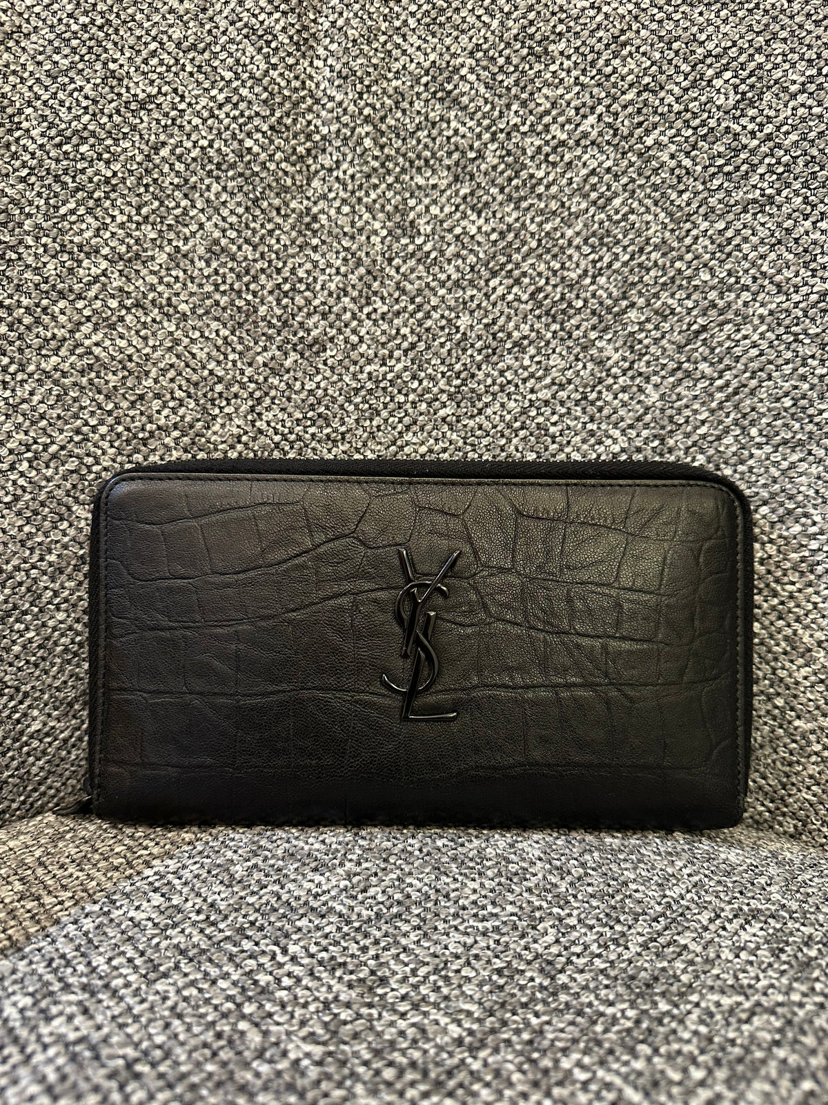 Yves Saint Laurent Crocodile Embossed Zip Around Long Wallet