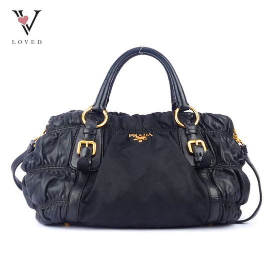 Prada Tessuto Gaufre Satchel Bag in Black Nylon and Leather