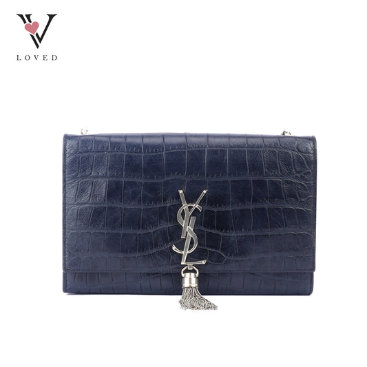 Yves Saint Laurent Kate Shoulder Bag in Crocodile-Embossed Black Leather