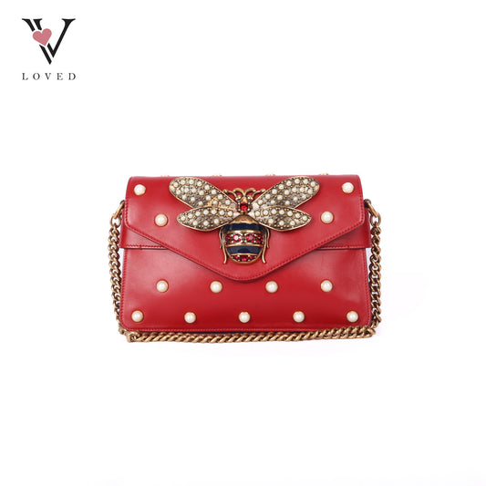 Nappa Pearl Studded Queen Margaret Broadway Shoulder In Hibiscus Red