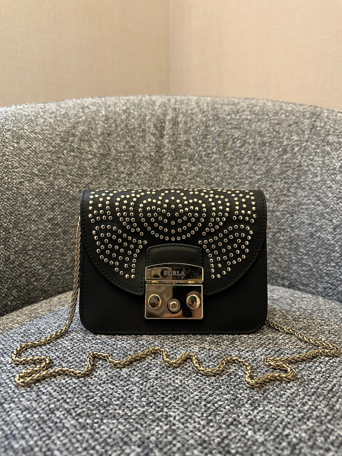 Furla Metropolis Mini Crossbody Bag in Black Leather with Gold-Toned Studs