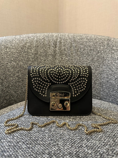 Furla Metropolis Mini Crossbody Bag in Black Leather with Gold-Toned Studs