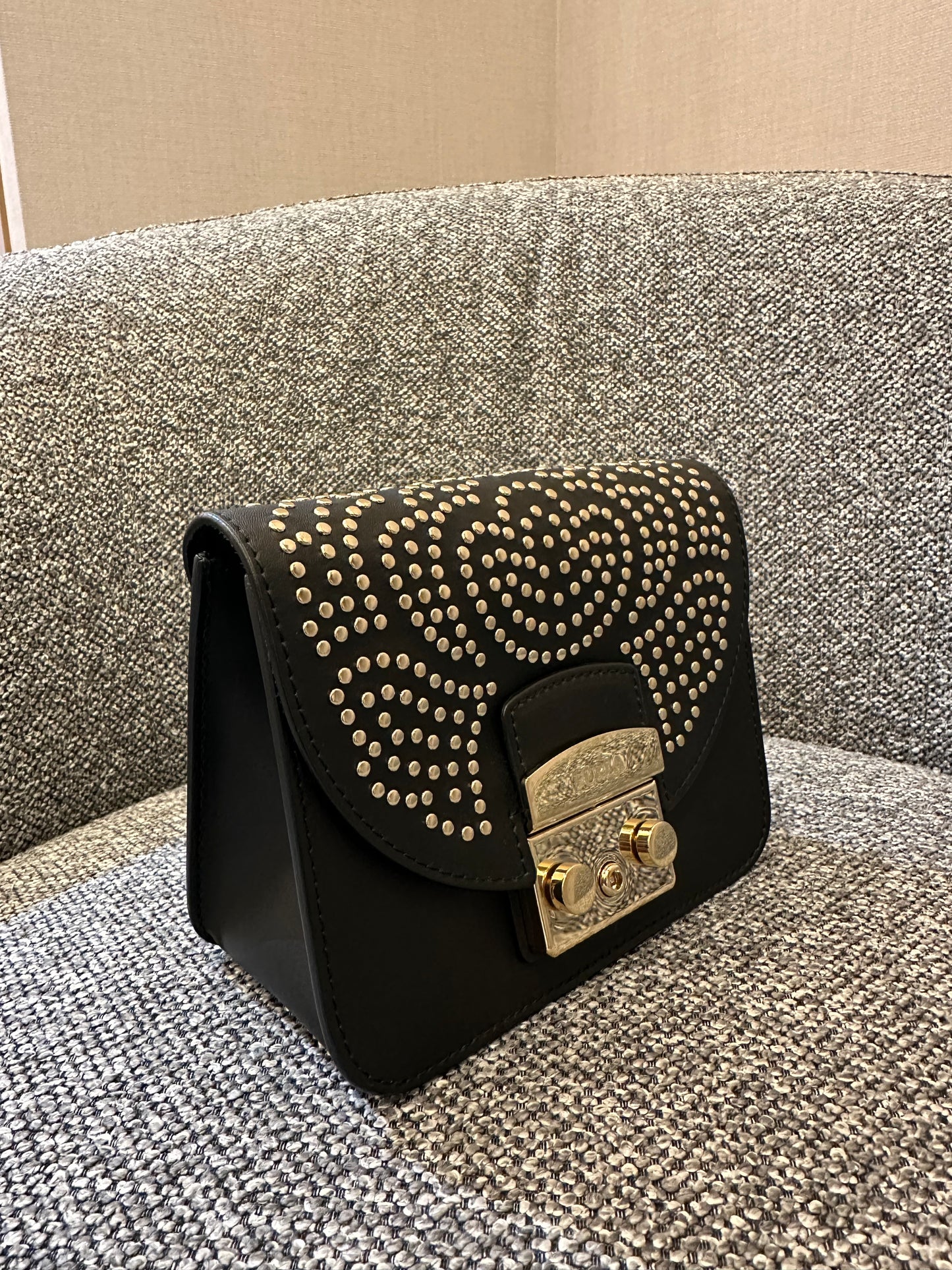 Furla Metropolis Mini Crossbody Bag in Black Leather with Gold-Toned Studs