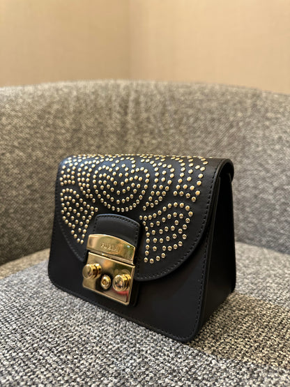 Furla Metropolis Mini Crossbody Bag in Black Leather with Gold-Toned Studs