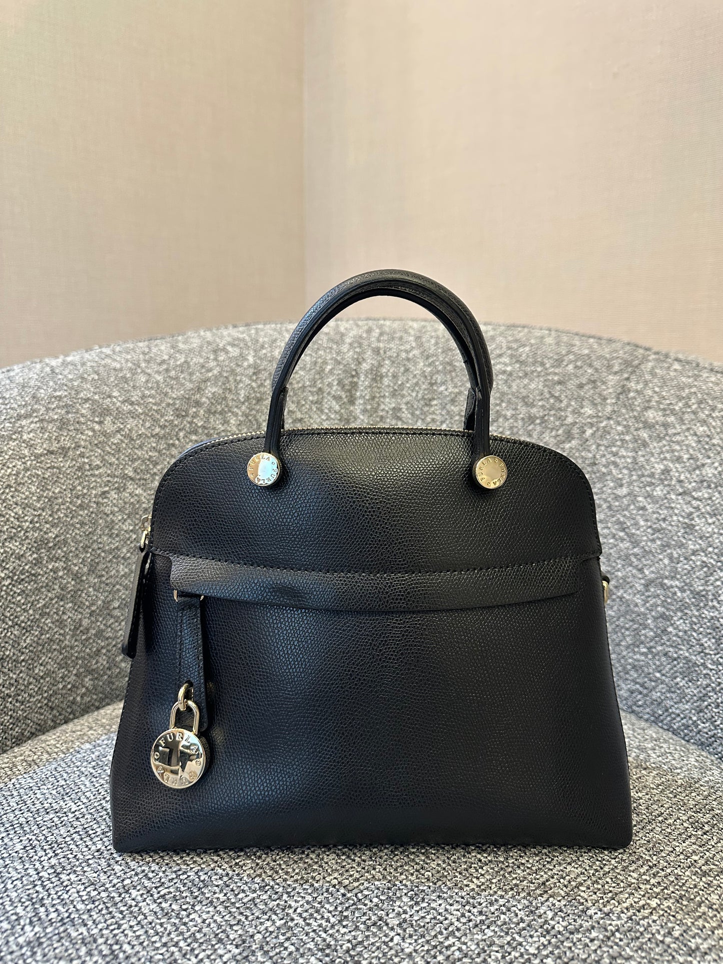 Furla Piper Dome Satchel Handbag in Black Leather