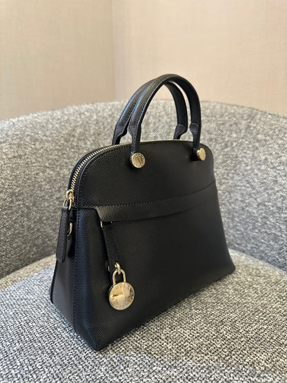Furla Piper Dome Satchel Handbag in Black Leather