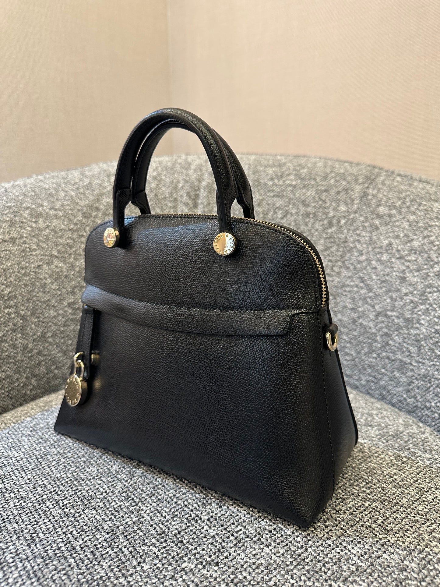 Furla Piper Dome Satchel Handbag in Black Leather
