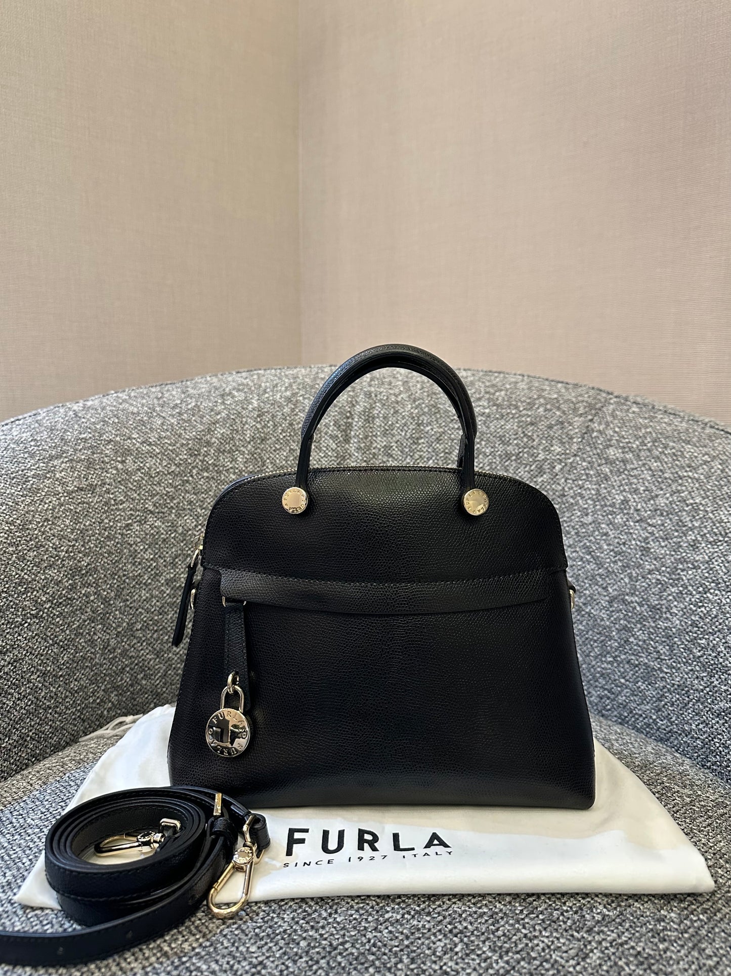 Furla Piper Dome Satchel Handbag in Black Leather
