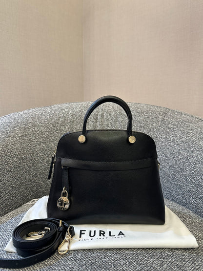 Furla Piper Dome Satchel Handbag in Black Leather
