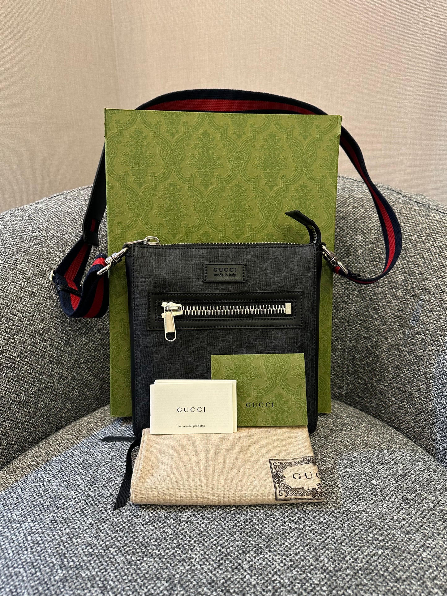 Gucci GG Messenger Bag In Black And Grey Canvas