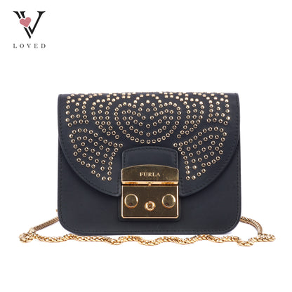 Furla Metropolis Mini Crossbody Bag in Black Leather with Gold-Toned Studs