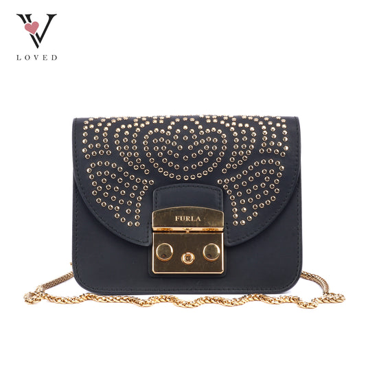 Furla Metropolis Mini Crossbody Bag in Black Leather with Gold-Toned Studs