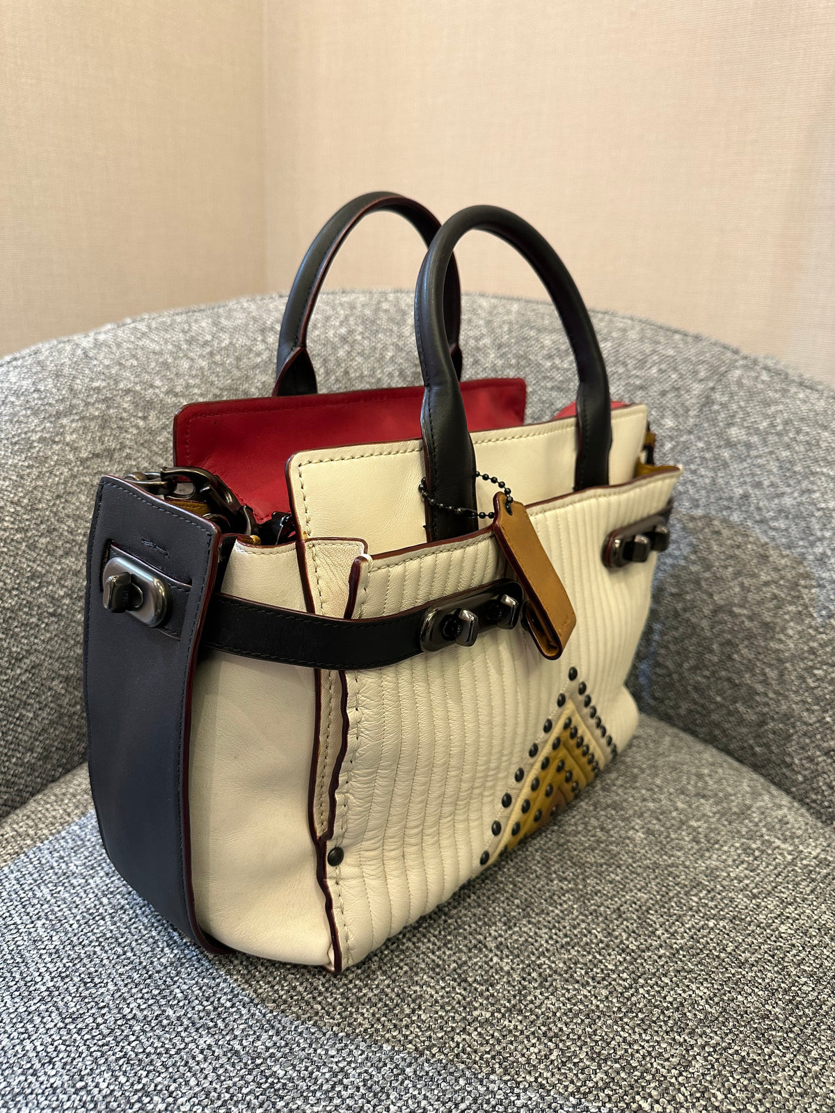Coach Double Swagger With Coloblock Quilting And Studs