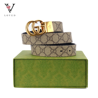 Gucci GG Marmont Reversible Belt in Beige and Ebony Canvas Leather