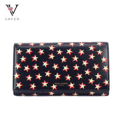 Yves Saint Laurent Star Print Folding Wallet in Black Leather