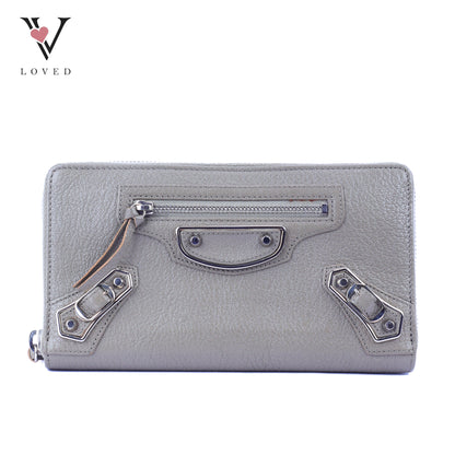 Balenciaga Metallic Edge Continental Wallet in Grey Leather