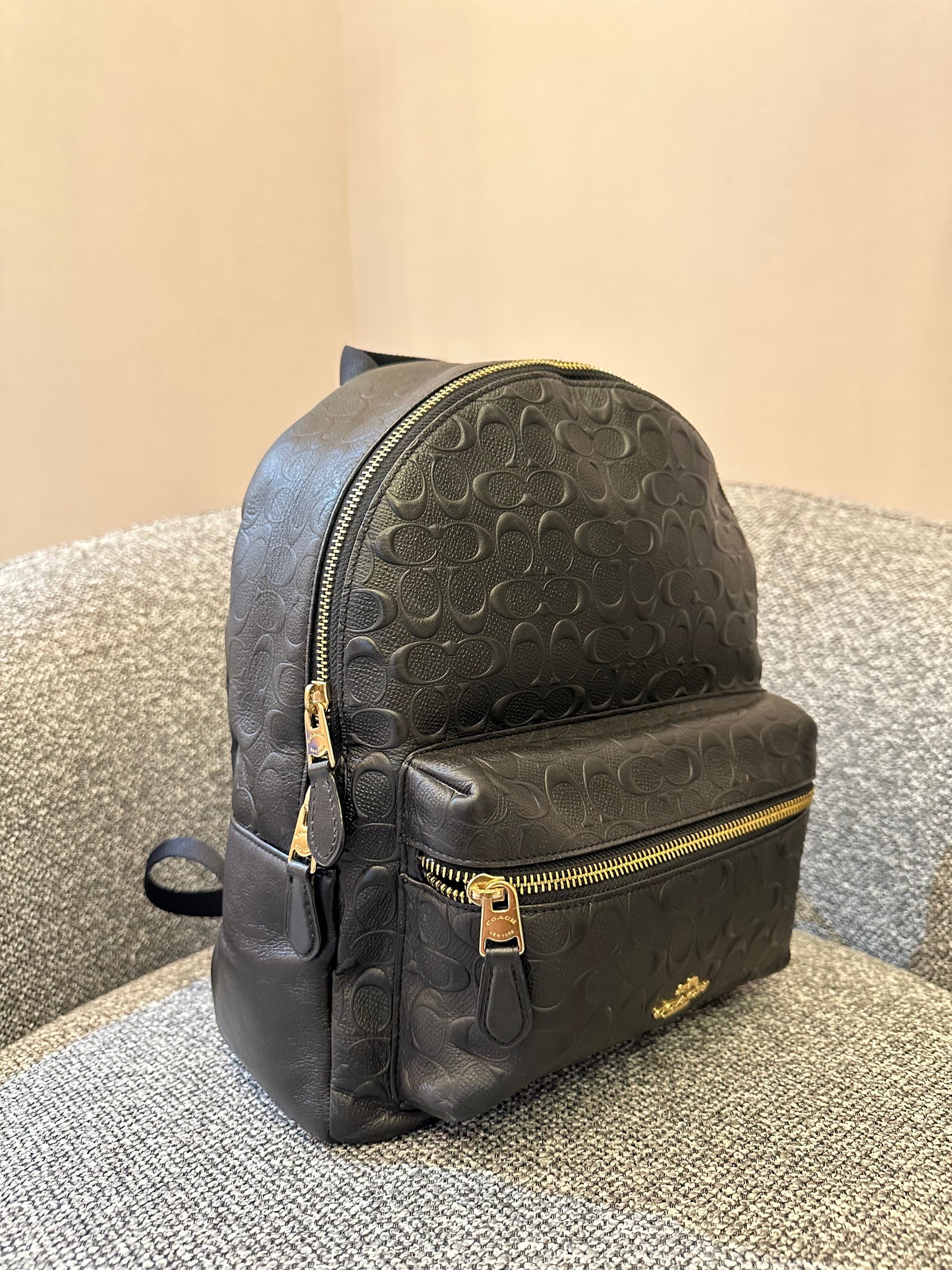 Coach Charlie Backpack in Black Signature Embossed Leather