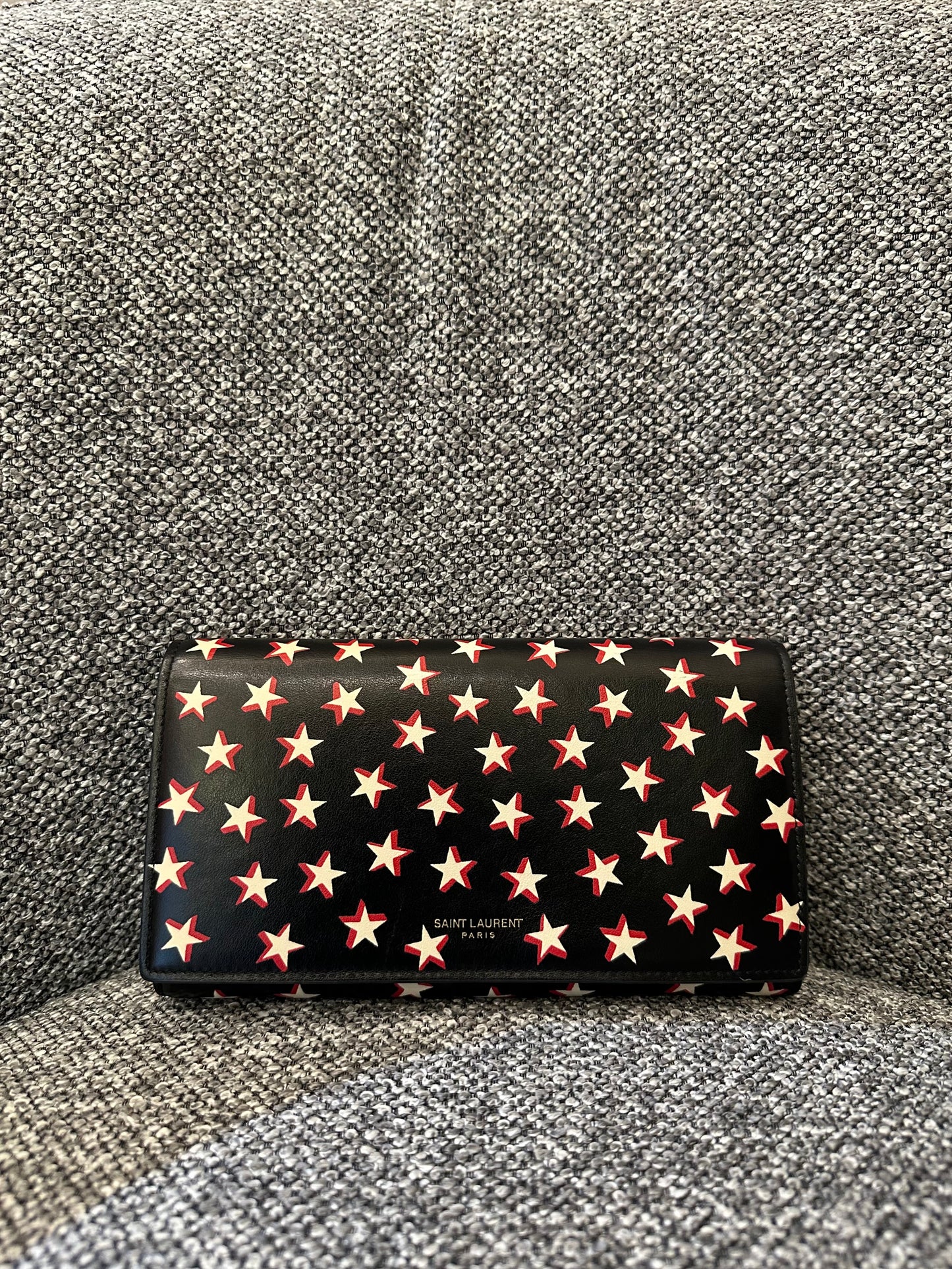 Yves Saint Laurent Star Print Folding Wallet in Black Leather