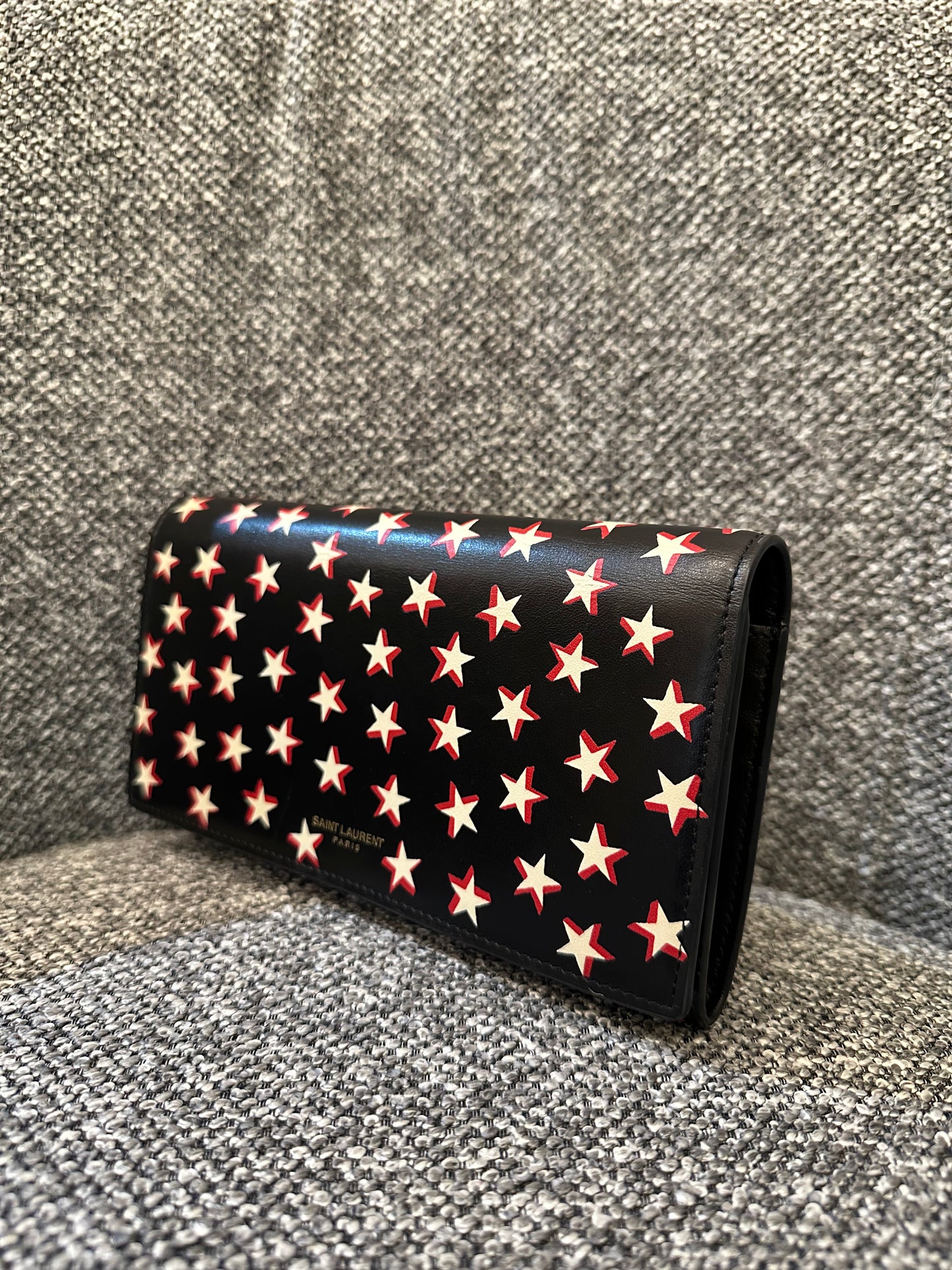 Yves Saint Laurent Star Print Folding Wallet in Black Leather