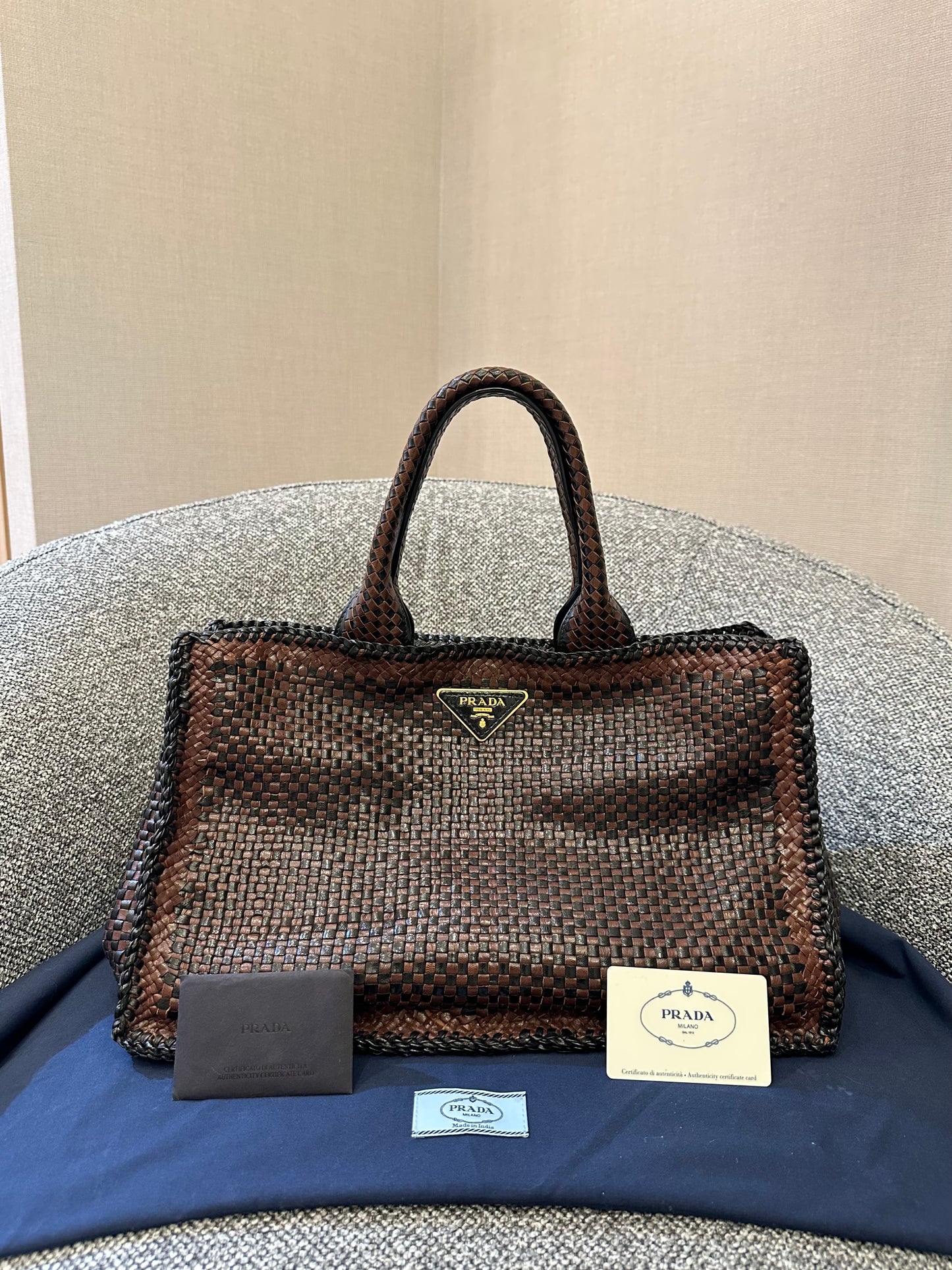Prada Madras Tote Bag In Brown Woven Goatskin Leather