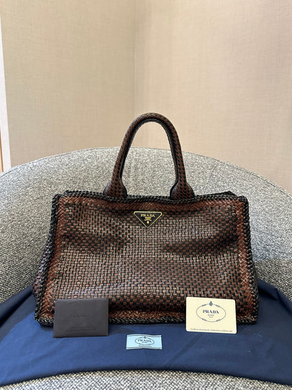 Prada Madras Tote Bag In Brown Woven Goatskin Leather