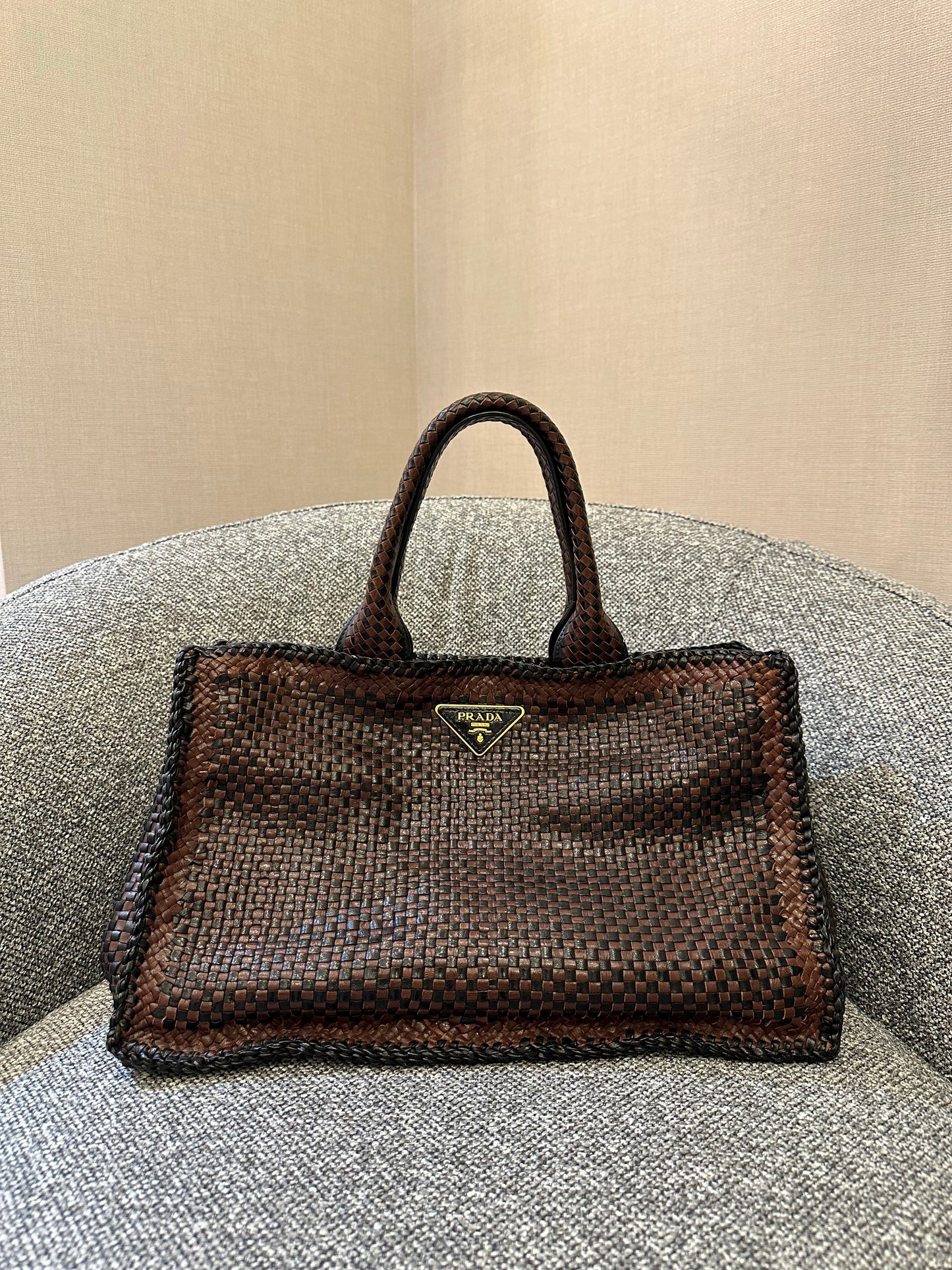 Prada Madras Tote Bag In Brown Woven Goatskin Leather