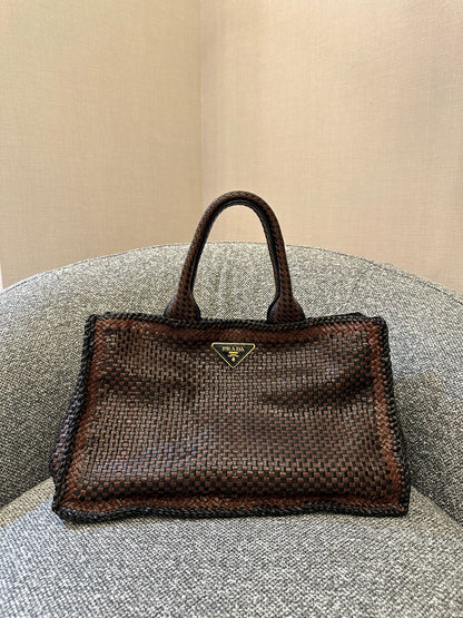 Prada Madras Tote Bag In Brown Woven Goatskin Leather